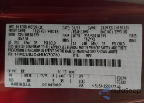 2017 Ford Escape Titanium z USA, uszkodzony, nr VIN 1FMCU9JD4HUC70730